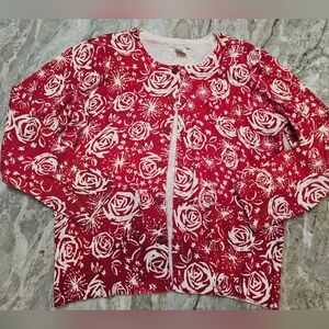 Artisan Red Floral Print Button Front Cardigan Sweater Women’s M
